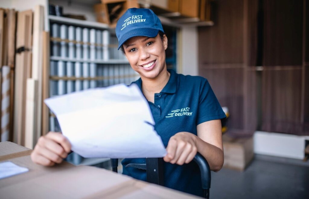 Female delivery driver holding forms